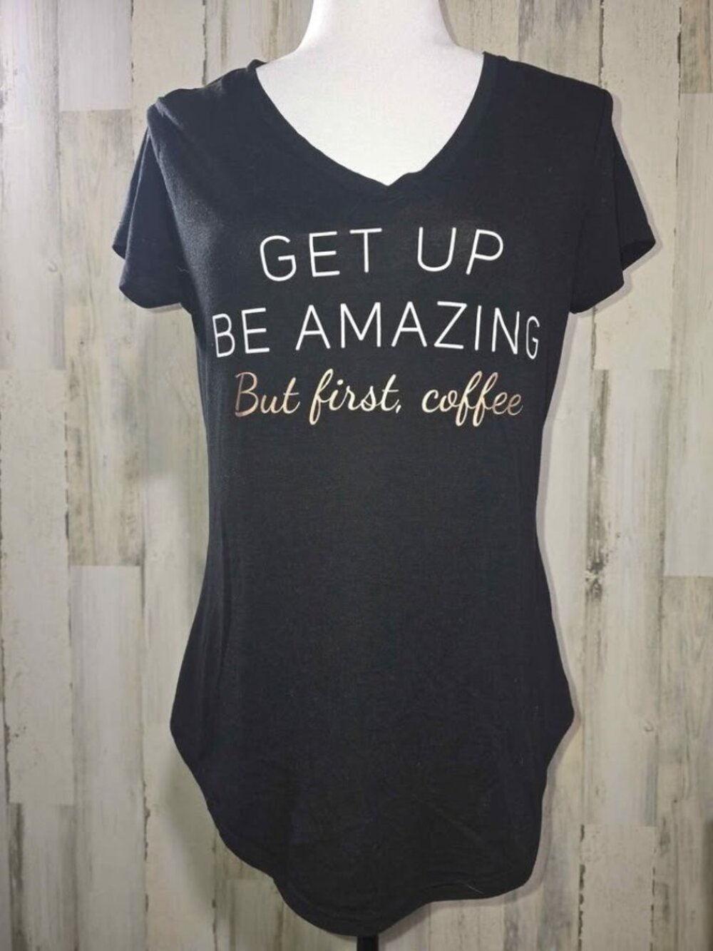 Apt 9 Woman's Sz Medium Black Short Sleeved T Shirt Be Amazing But, First Coffee